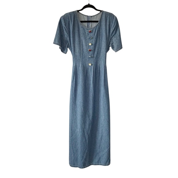 Vintage 90s Chambray Denim Rosette Cottagecore Maxi Dress - Picture 1 of 4
